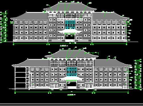 四层仿古建筑中学教学楼建筑施工图免费下载 园林古建